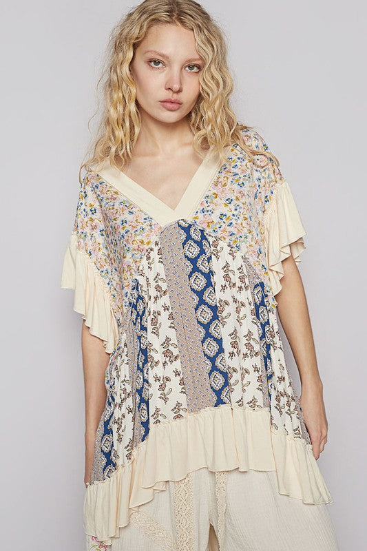 POL Ruffled Hem Printed V-Neck Short Sleeve Blouse - Smart Shopper