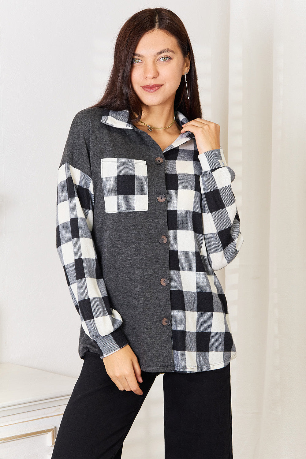 Heimish Solid Plaid Contrast Shacket - Smart Shopper