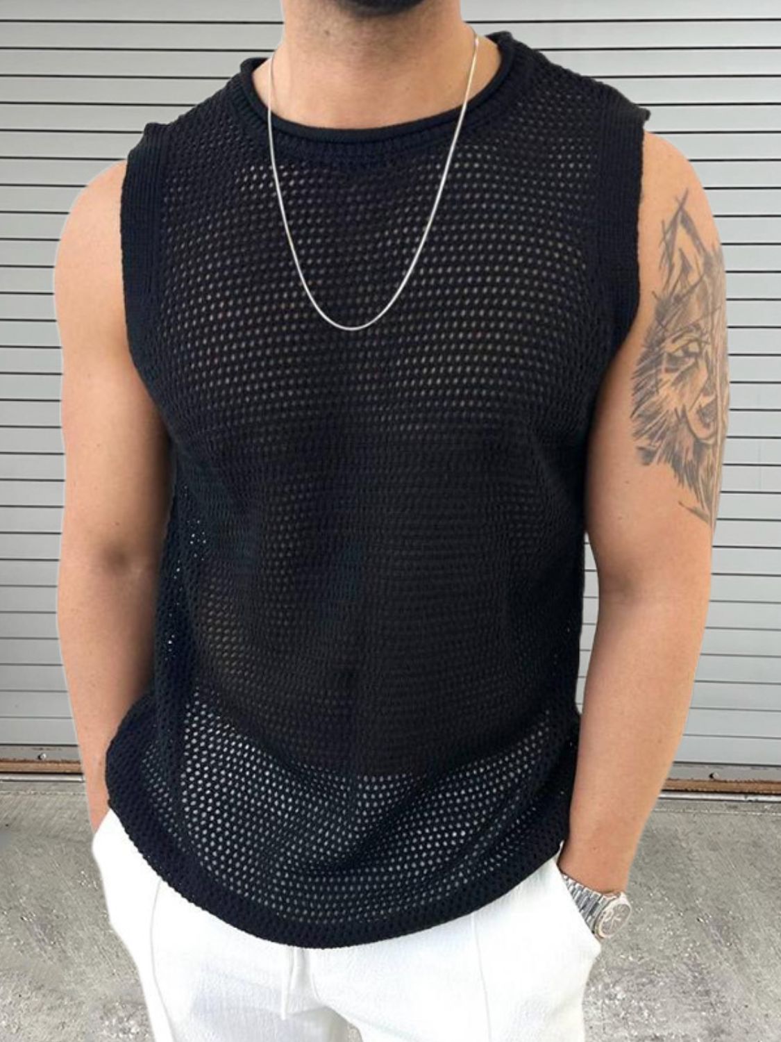 Men's Openwork Round Neck Sleeveless Knit Top - Smart Shopper