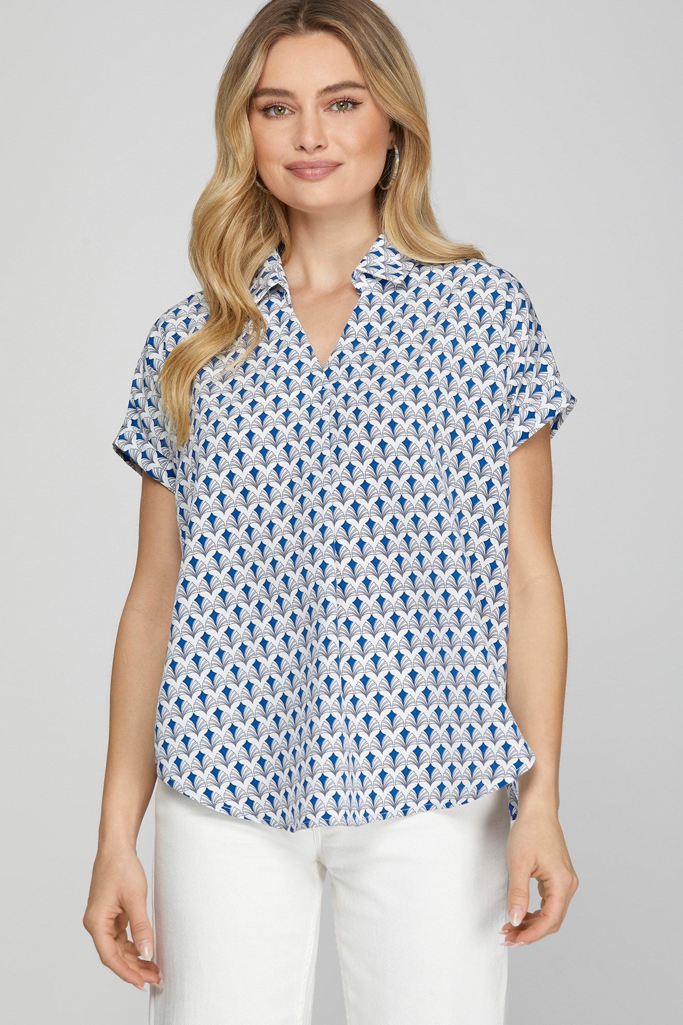 She + Sky Full Size Printed Johnny Collar Short Sleeve Blouse Plus Size - Smart Shopper