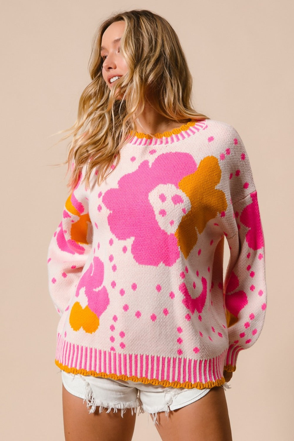 BiBi Flower Pattern Contrast Sweater - Smart Shopper