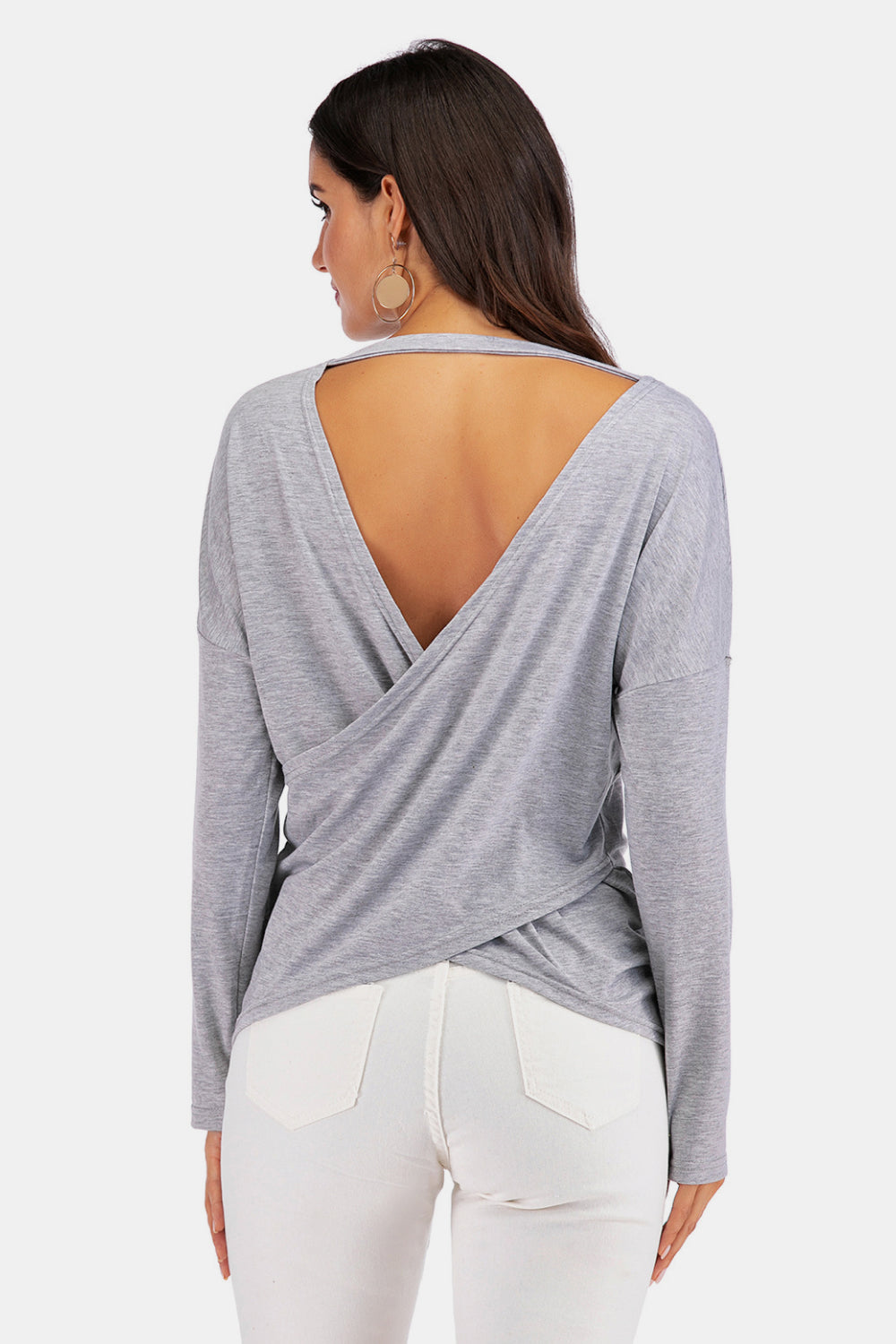 Perfee V-Neck Drop Shoulder Open Back Sweatshirt - Smart Shopper