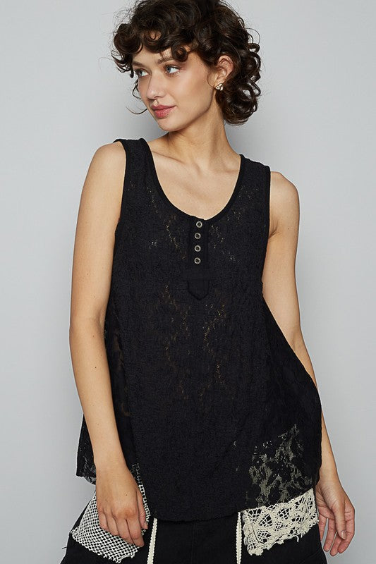 POL Crochet Lace Mix Button Detail Round Neck Tank - Smart Shopper