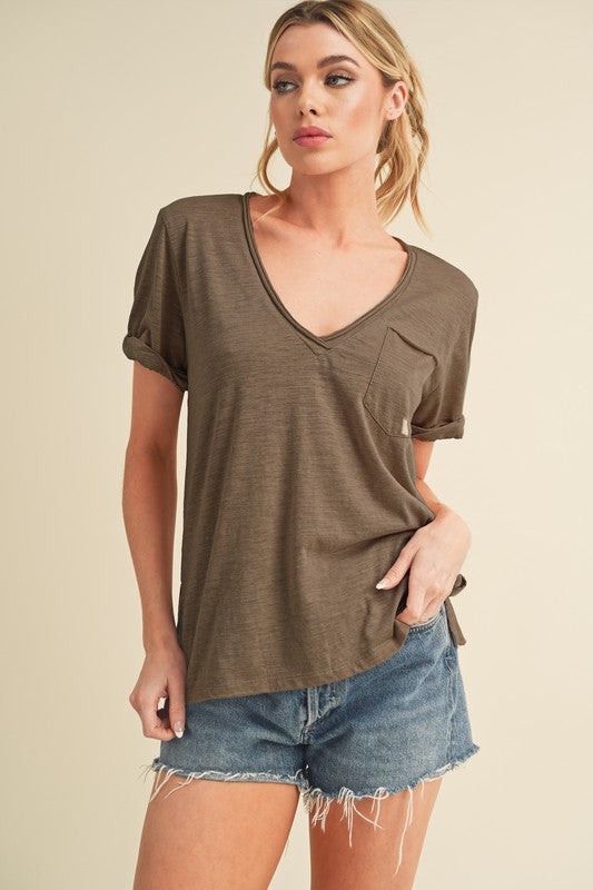 Aemi + Co Side Slit V-Neck Short Rolled Sleeve T-Shirt - Smart Shopper