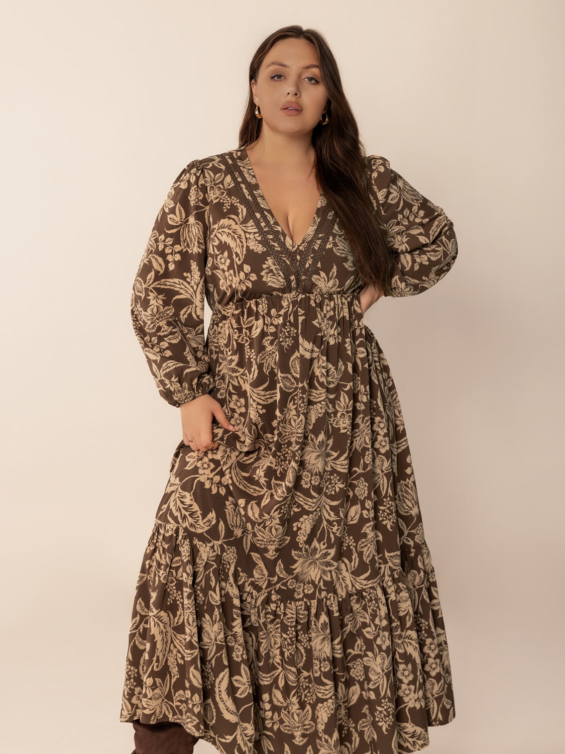 Plus Size Printed V-Neck Balloon Sleeve Maxi Dress - Smart Shopper