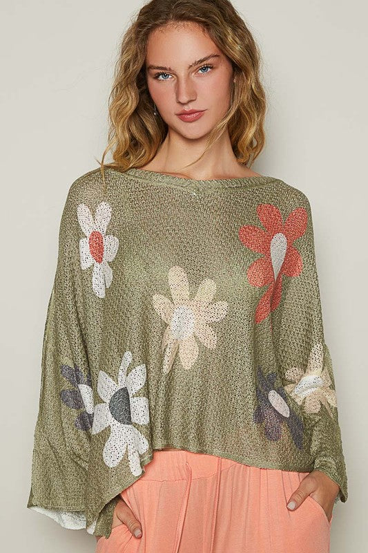 POL Flower Dropped Shoulder Long Sleeve Knit Top - Smart Shopper