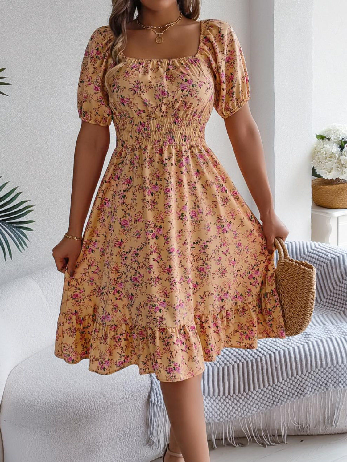 Ruffled Hem Smocked Printed Puff Sleeve Dress - Smart Shopper