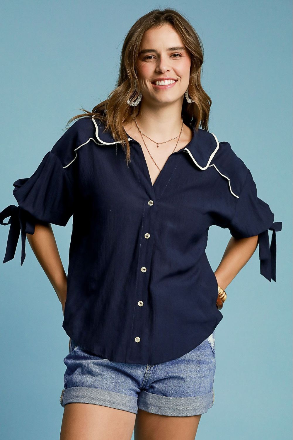 Umgee Full Size Embroidered Detail Button Down Shirt Plus Size - Smart Shopper