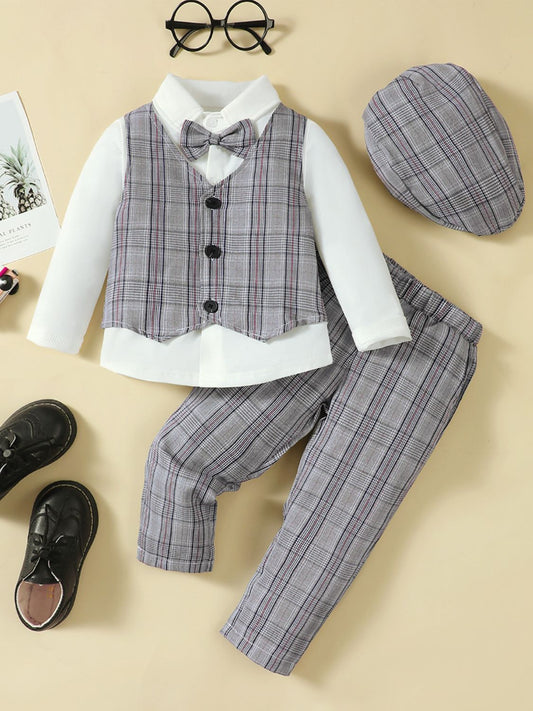 Hat, Long Sleeve Shirt, Plaid Vest and Pants 4-Piece Set - Smart Shopper