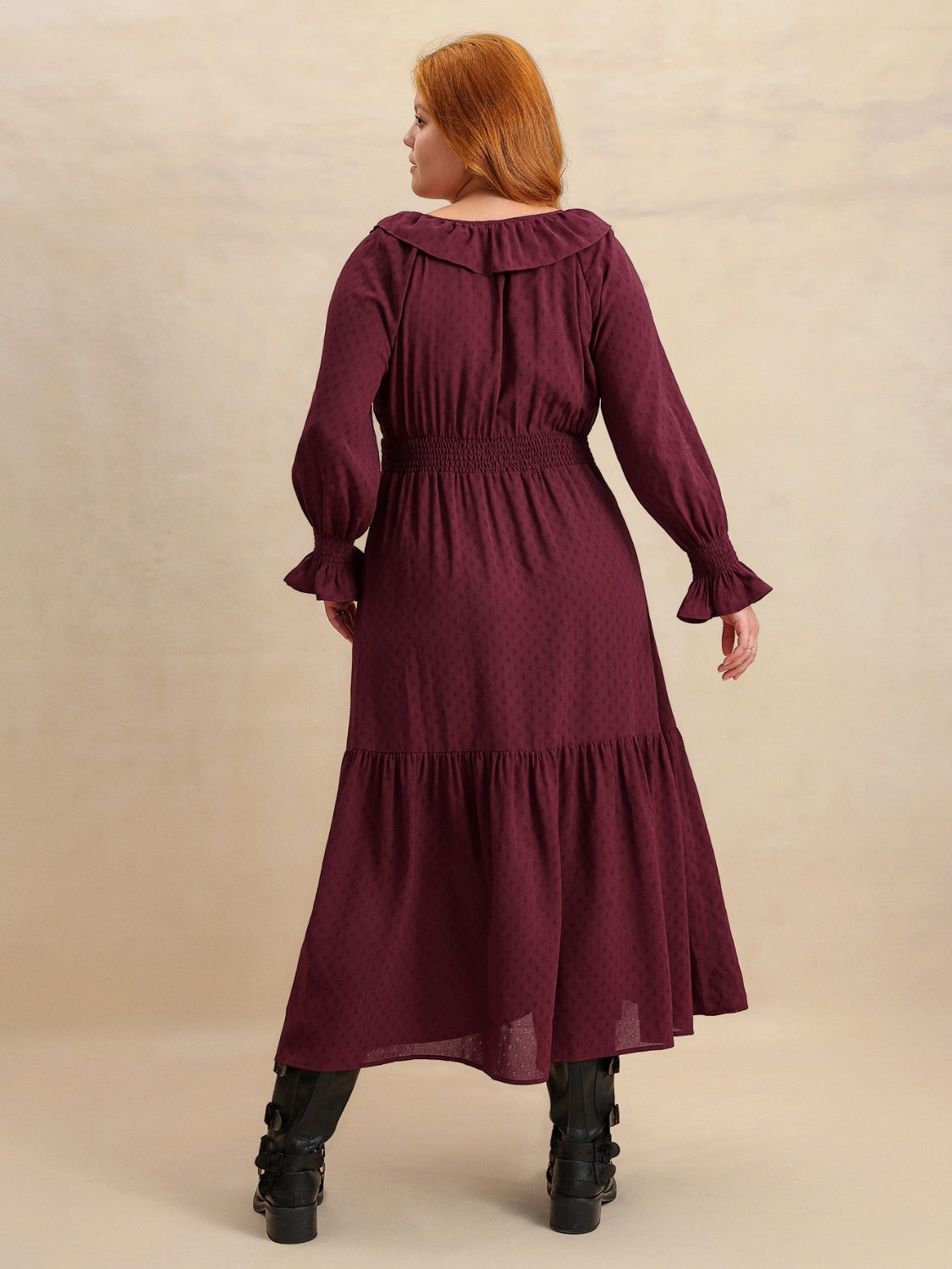 Plus Size Swiss Dot Tie Neck Flounce Sleeve Maxi Dress - Smart Shopper