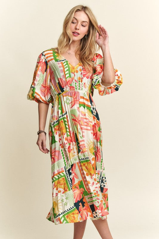 ADORA Floral V-Neck Puff Sleeve Midi Dress - Smart Shopper