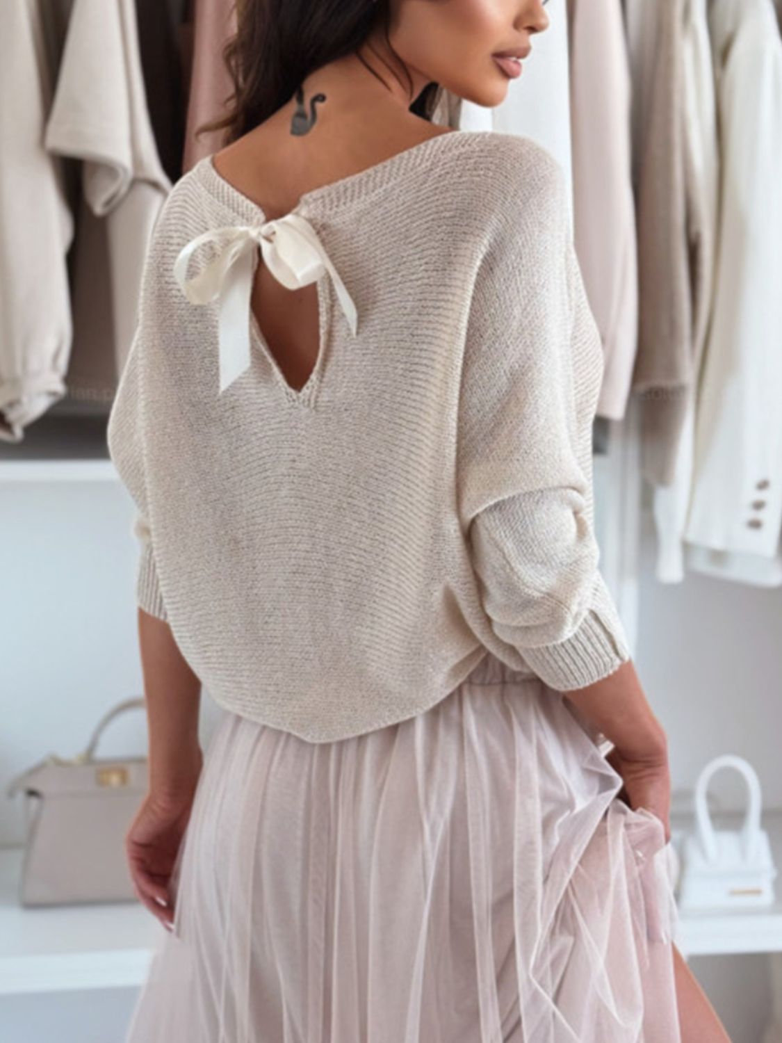 Bow Back Boat Neck Batwing Sleeve Sweater - Smart Shopper