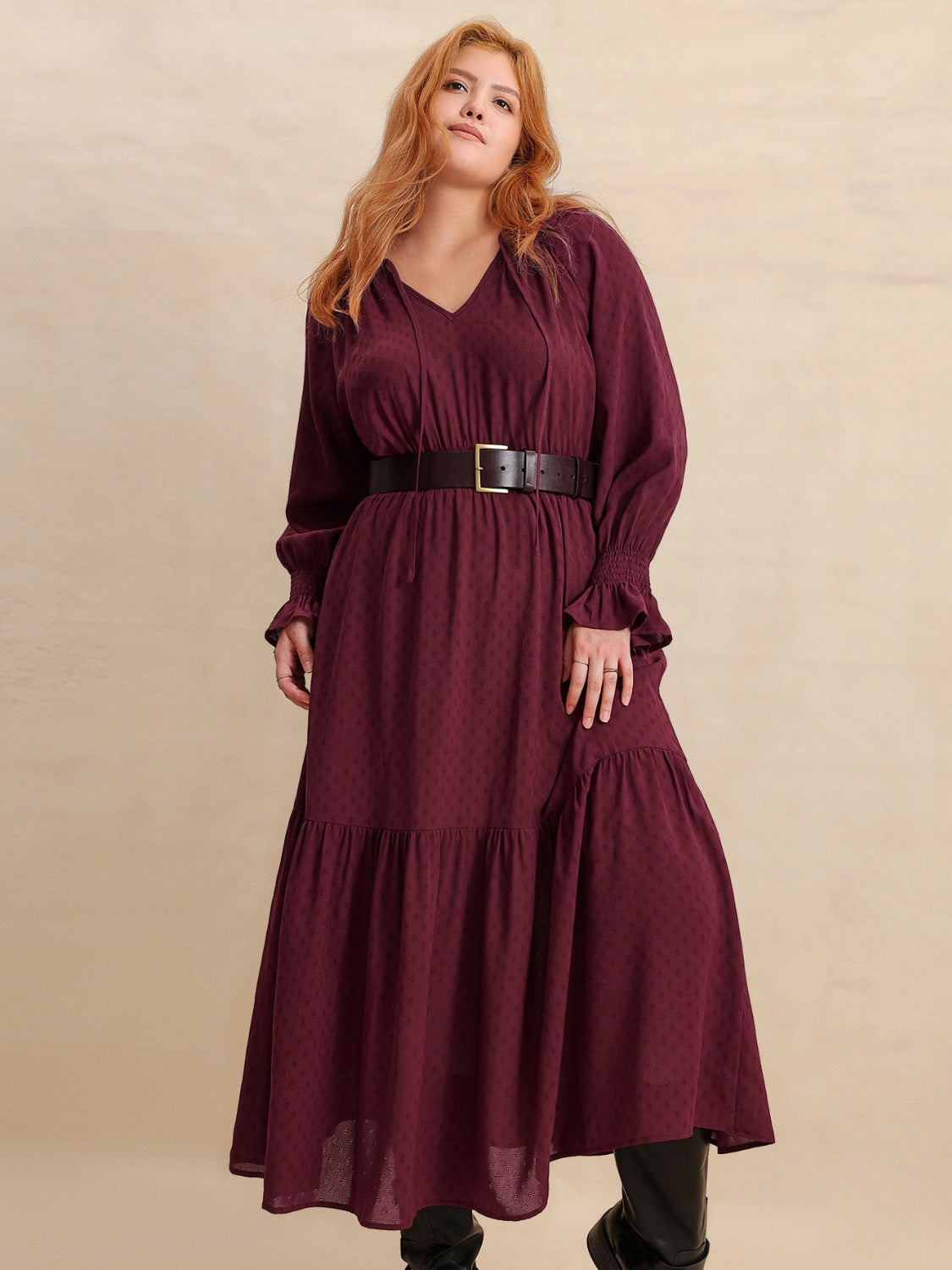 Plus Size Swiss Dot Tie Neck Flounce Sleeve Maxi Dress - Smart Shopper