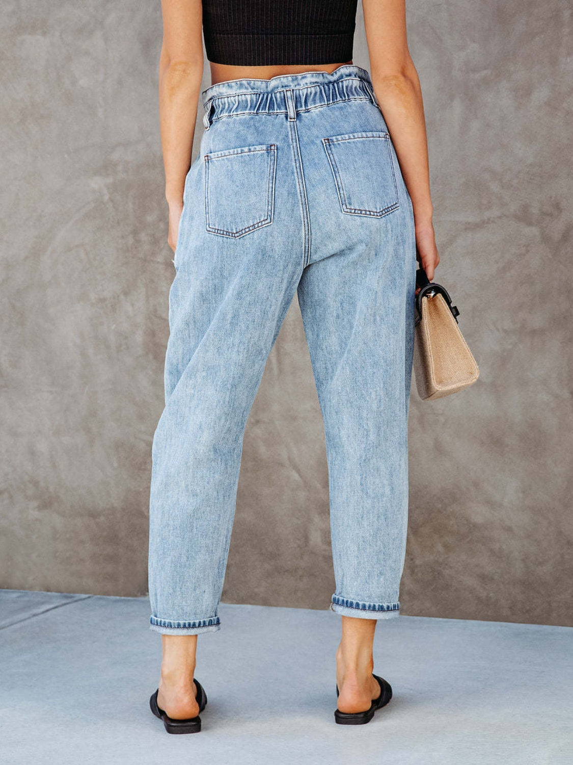 Washed Paperbag Waist Cropped Jeans - Smart Shopper