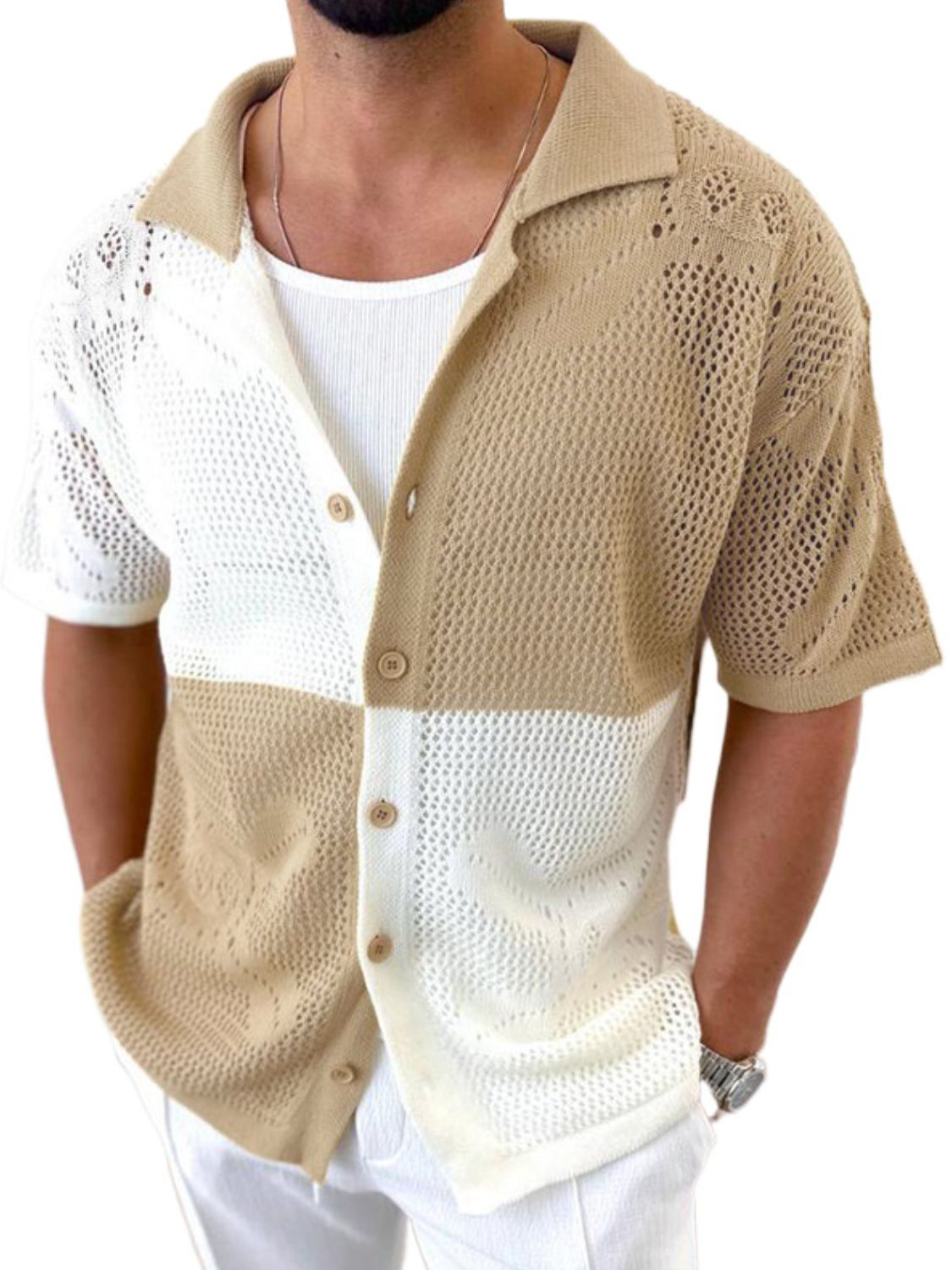 Men's Contrast Button Down Hollow Out Shirt - Smart Shopper