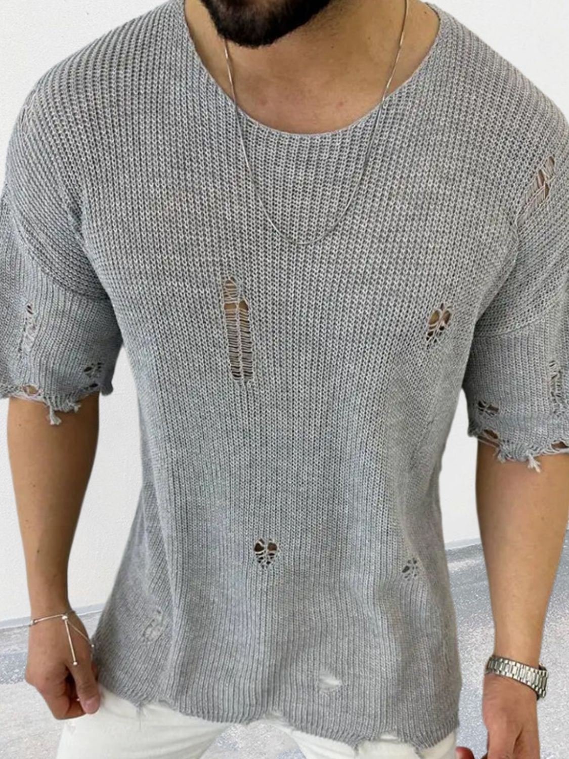 Men's Distressed Round Neck Knit Top - Smart Shopper