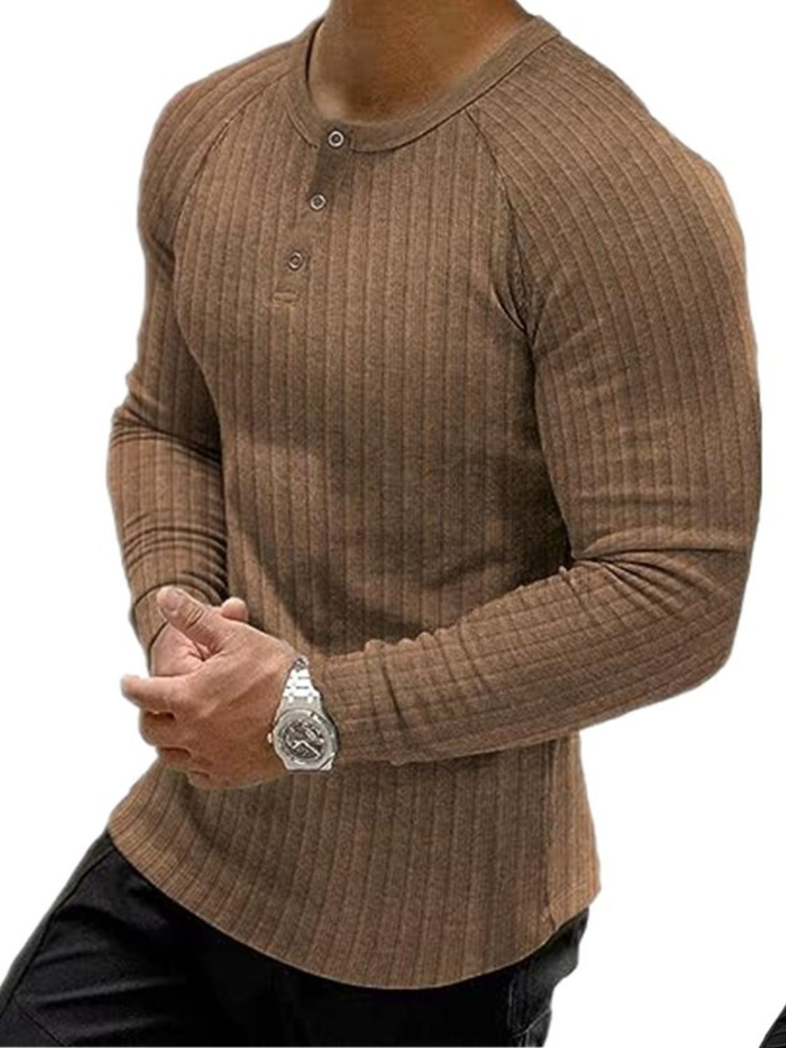 Men's Full Size Ribbed Round Neck Long Sleeve T-Shirt Plus Size - Smart Shopper