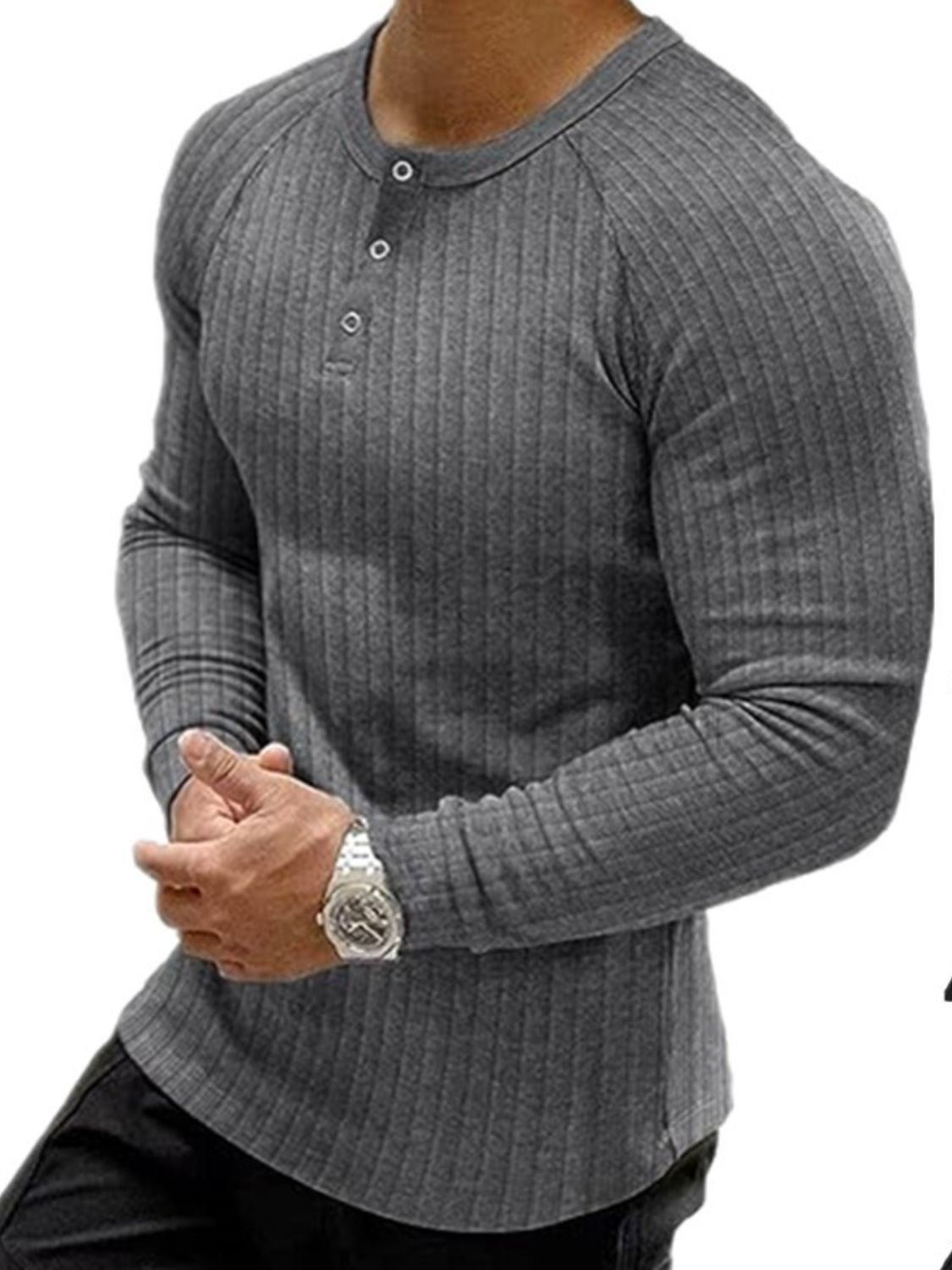 Men's Full Size Ribbed Round Neck Long Sleeve T-Shirt Plus Size - Smart Shopper