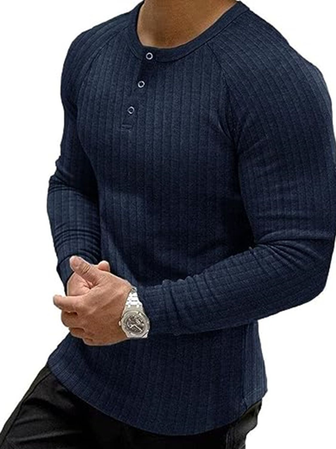 Men's Full Size Ribbed Round Neck Long Sleeve T-Shirt Plus Size - Smart Shopper