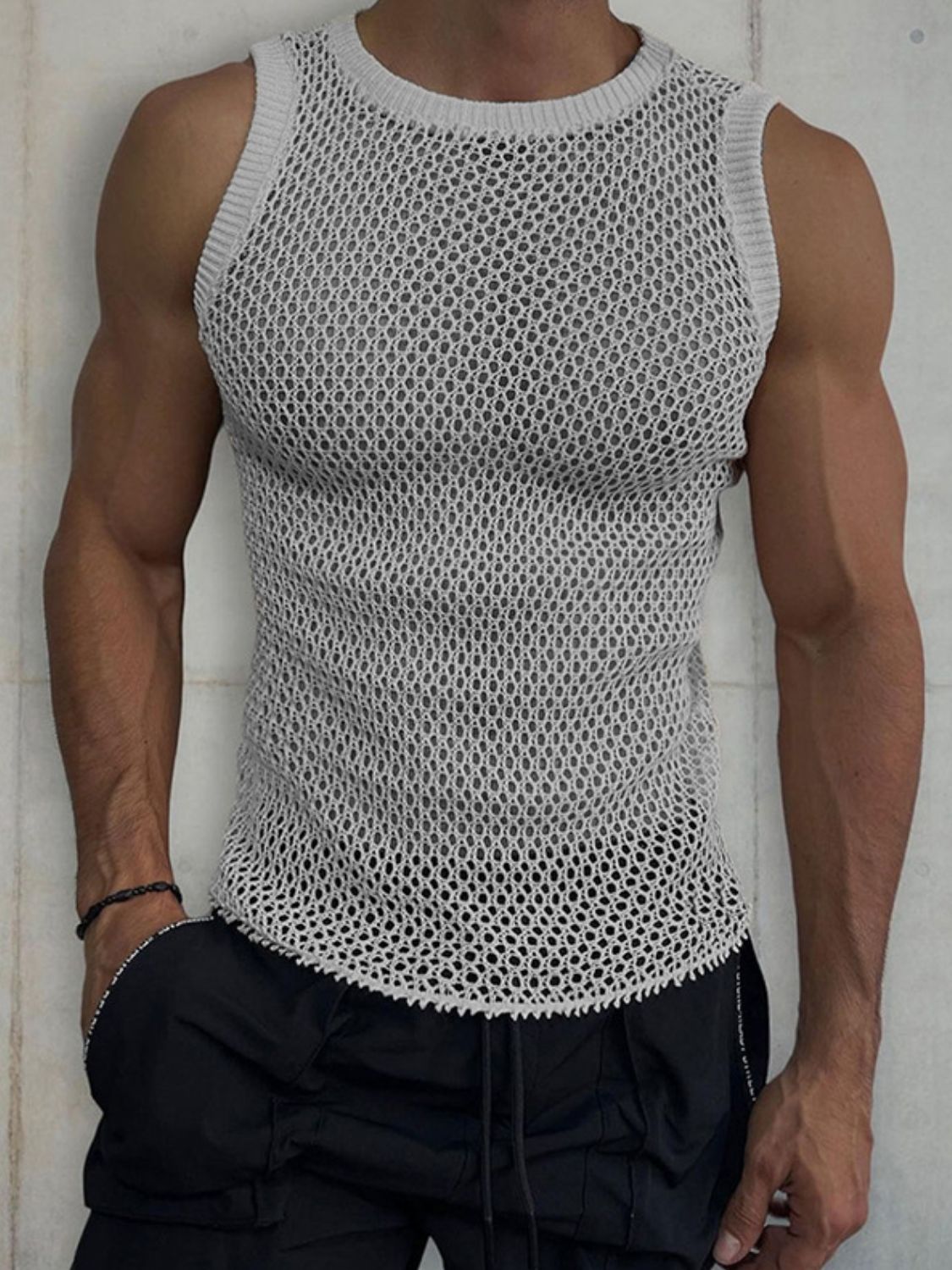 Men's Round Neck Hollow Out Sleeveless Knit Top - Smart Shopper