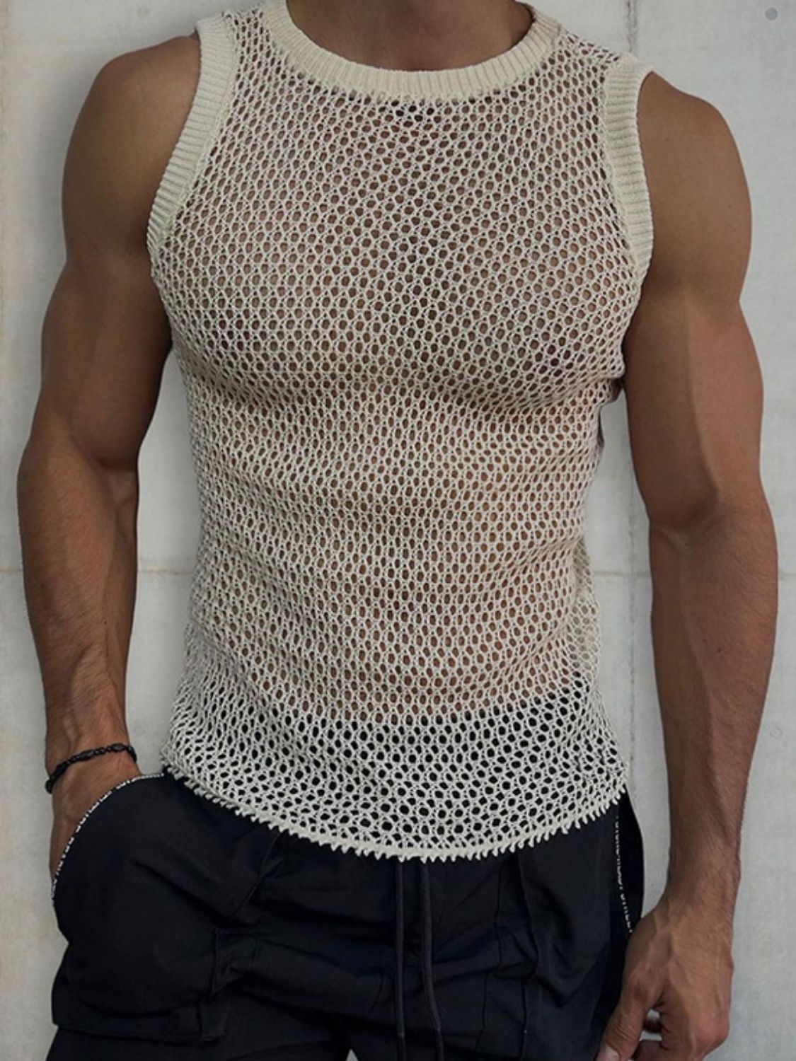 Men's Round Neck Hollow Out Sleeveless Knit Top - Smart Shopper