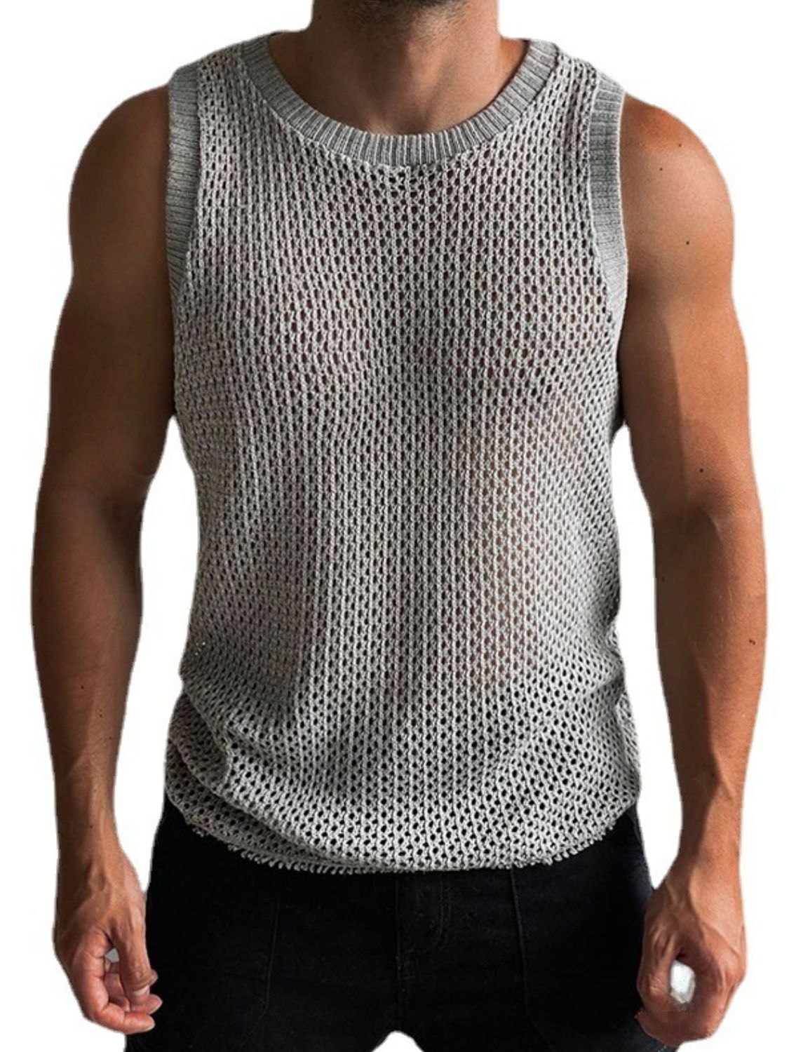 Men's Round Neck Hollow Out Sleeveless Knit Top - Smart Shopper