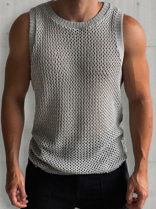 Men's Round Neck Hollow Out Sleeveless Knit Top - Smart Shopper