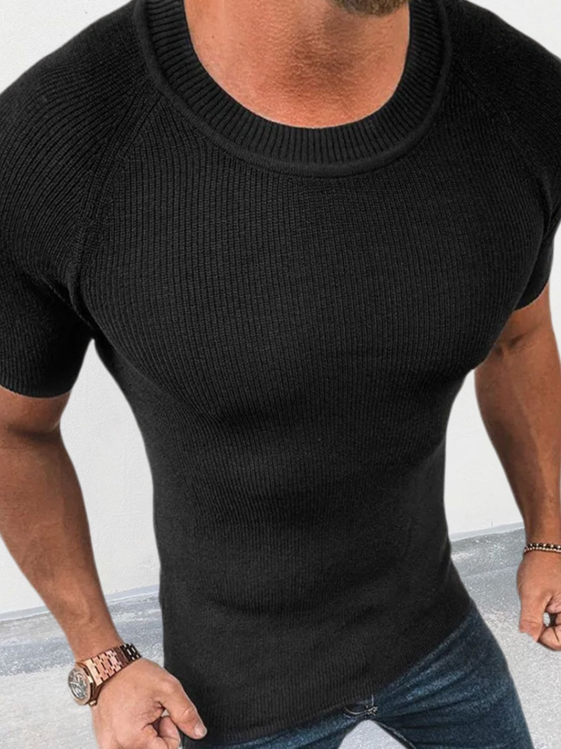 Men's Round Neck Short Sleeve Ribbed Knit T-Shirt - Smart Shopper