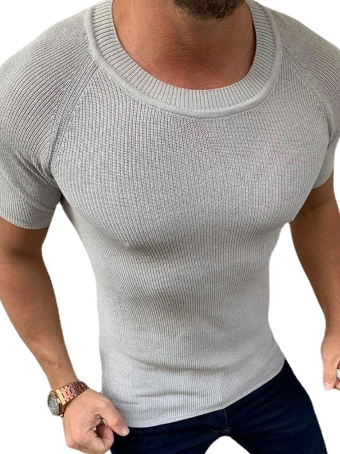 Men's Round Neck Short Sleeve Ribbed Knit T-Shirt - Smart Shopper