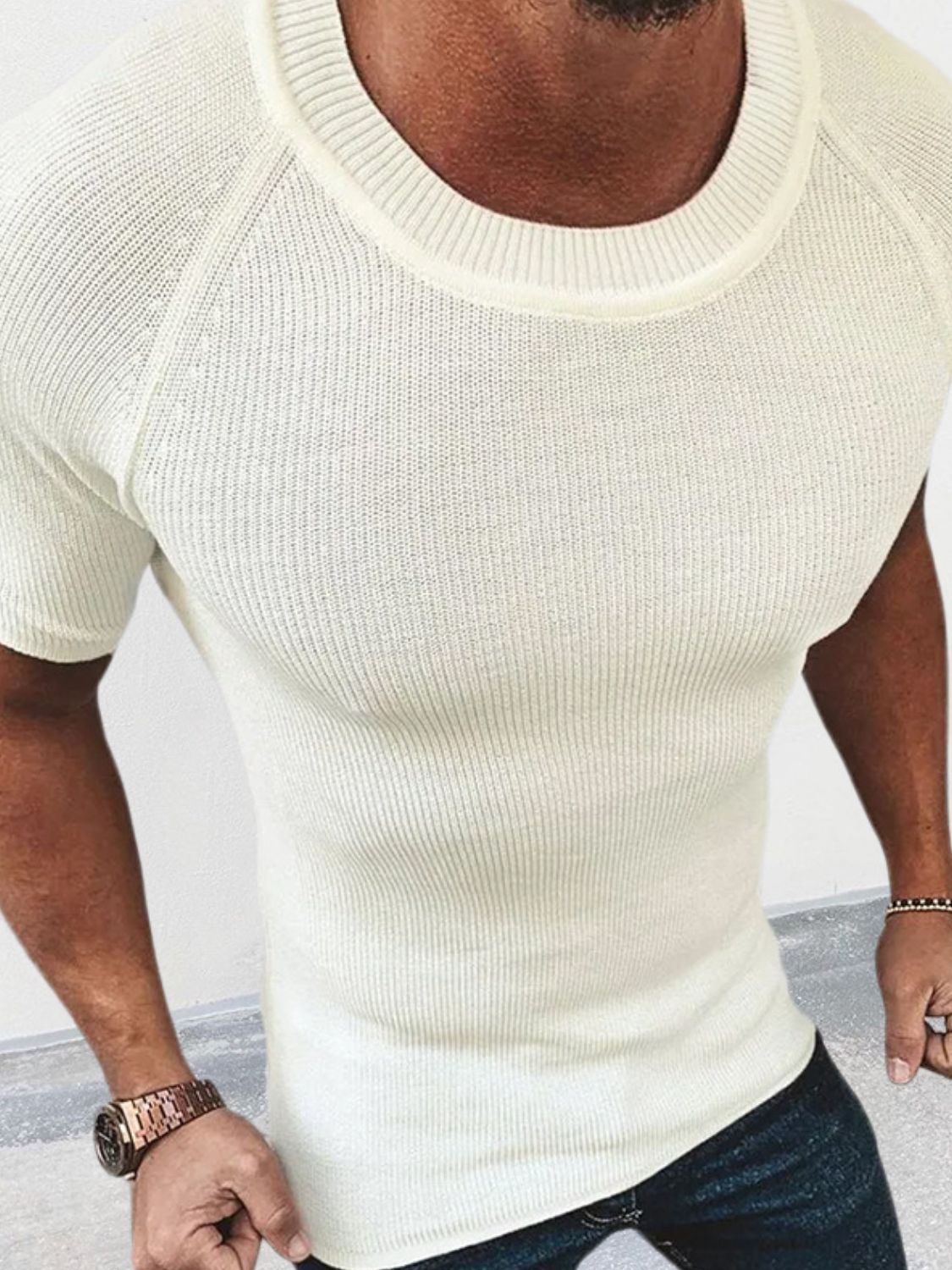 Men's Round Neck Short Sleeve Ribbed Knit T-Shirt - Smart Shopper