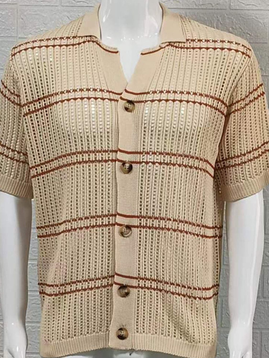 Men's Striped Collared Neck Hollow Out Shirt - Smart Shopper