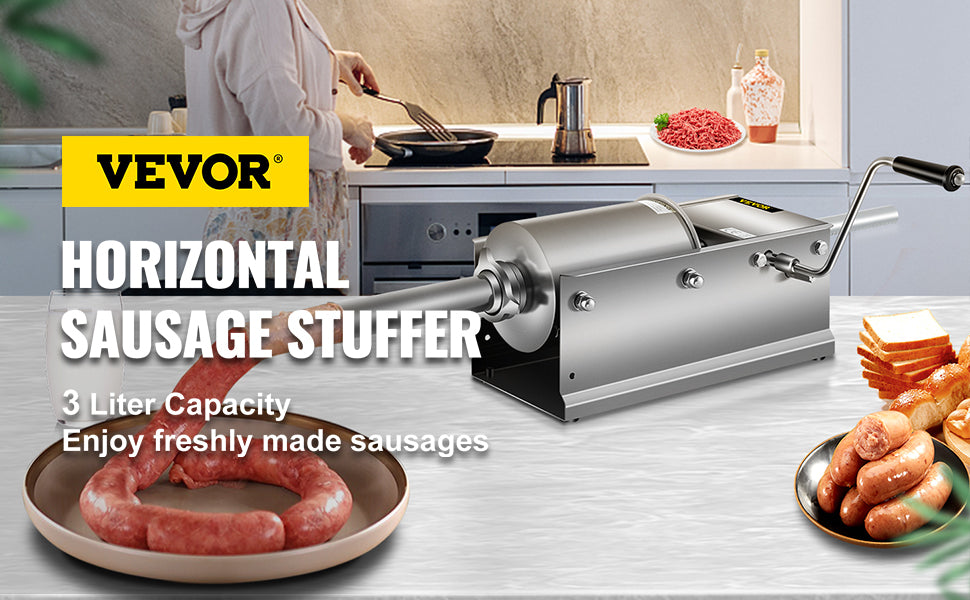 VEVOR 3L/ 7Lbs Horizontal Sausage Stuffer Manual Sausage Maker Stainless Steel With 5 Filling Nozzles For Home & Commercial Use