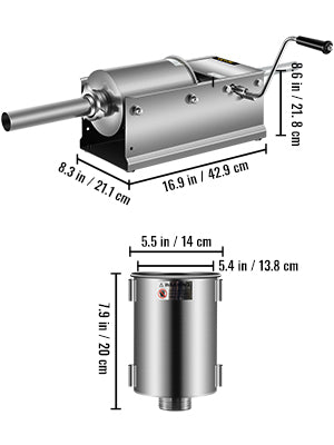 VEVOR 3L/ 7Lbs Horizontal Sausage Stuffer Manual Sausage Maker Stainless Steel With 5 Filling Nozzles For Home & Commercial Use