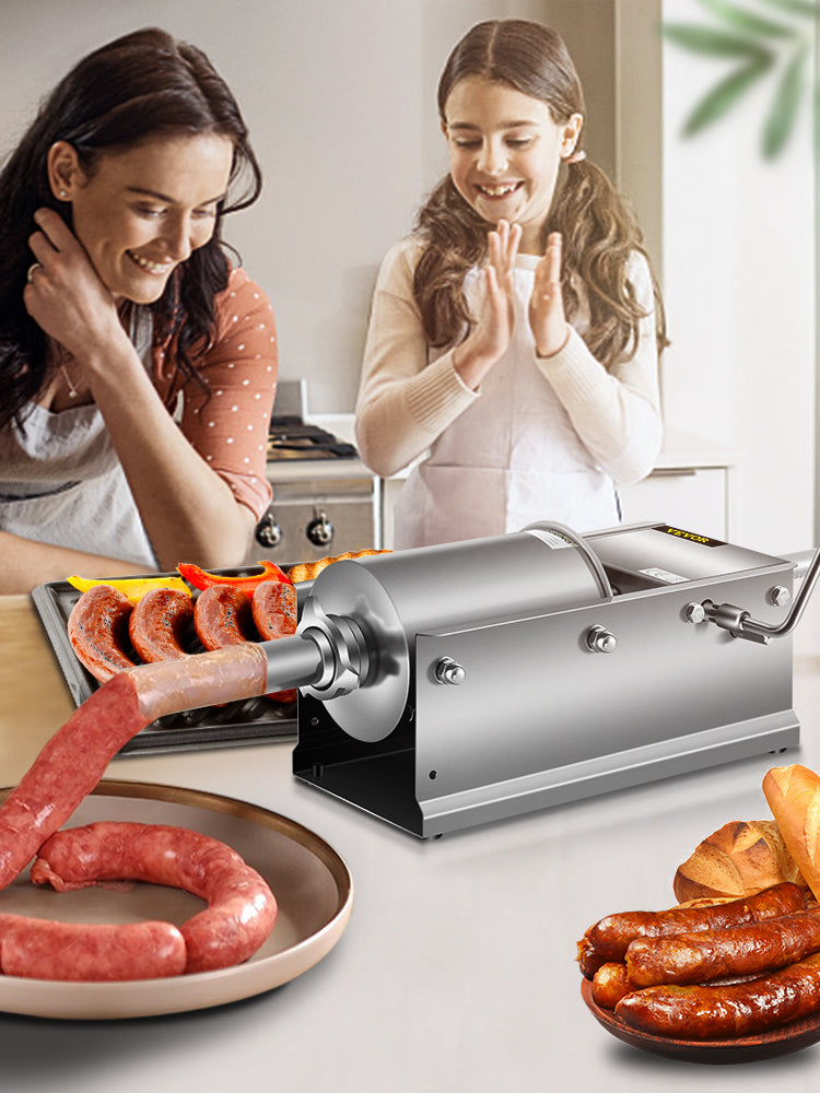 VEVOR 3L/ 7Lbs Horizontal Sausage Stuffer Manual Sausage Maker Stainless Steel With 5 Filling Nozzles For Home & Commercial Use